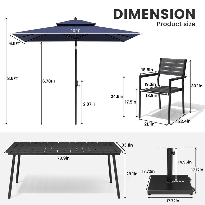 9-Piece Outdoor Dining Set Aluminum Table and 8 Stackable Chairs and 10 ft Umbrella with Base