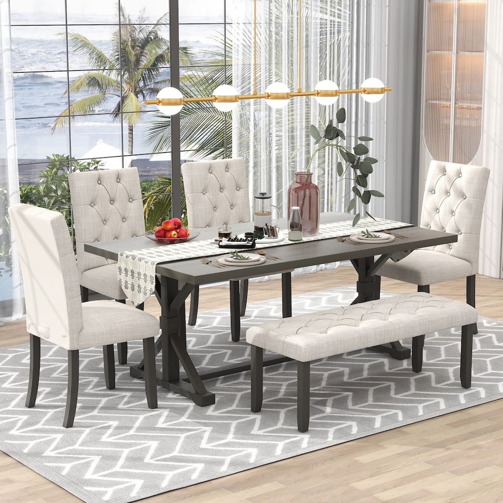 6-Piece Dining Table Set, 72" Rectangular Table, 4 Chairs with Bench