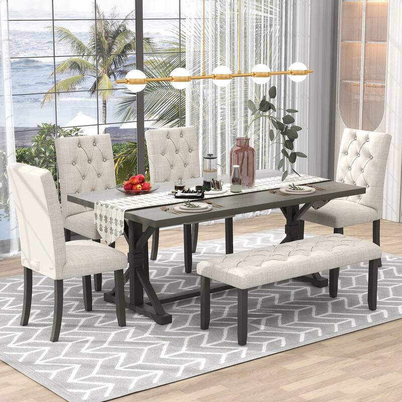 6-Piece Farmhouse Dining Table Set 72" Wood Rectangular Table, 4 Upholstered Chairs with Bench - Grey