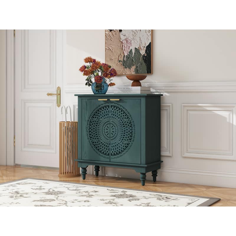 Hollow-Carved 2 Door Accent Cabinet Sideboard Buffet Storage Cabinet with Adjustable Shelf for Entryway Living Room Bedroom