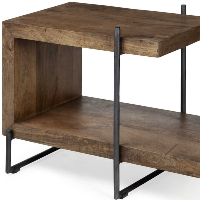 22-Inch Brown Wood End Table with Storage Shelves and Metal Base - 30" x 17.50" x 22"