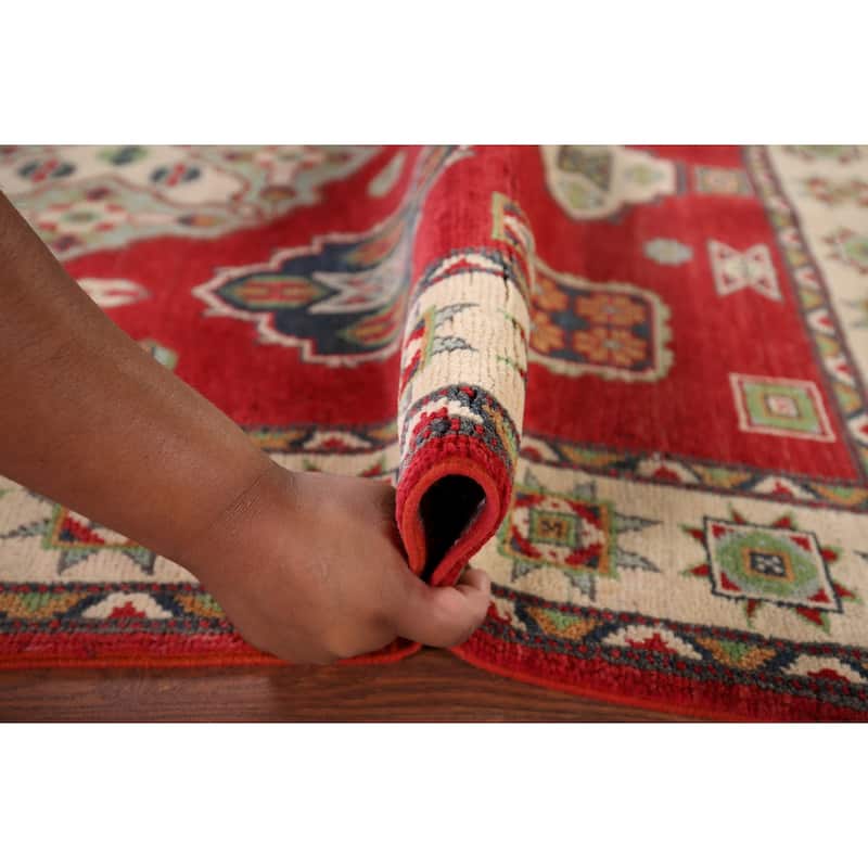Geometric Red Kazak Accent Rug Hand-Knotted Bedroom Wool Carpet - 3'10" x 5'10"