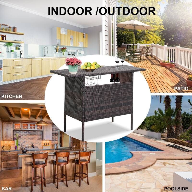 Outdoor Wicker Bar Patio Rattan Counter Table with 2 Steel Shelves