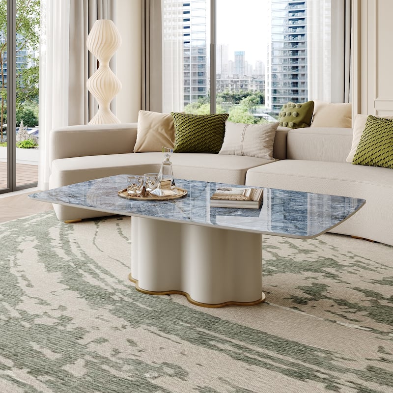 51" Modern Retangular Coffee Table, Blue Glossy Sintered Stone Table top