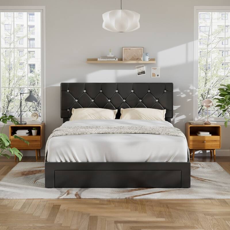 VECELO Bed Frame with Storage Drawers, Leather Upholstered with Diamond Tufted Headboard, Solid Wood Slat Support