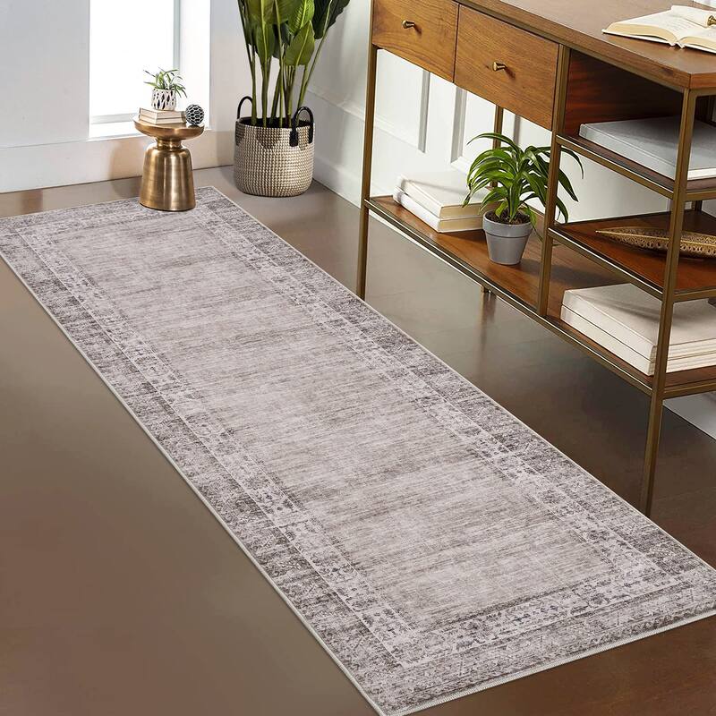 Vintage Bordered Area Rug Washable Area Rug Non-Slip Low Pile Throw Carpet for Living Room Bedroom Dining Room - 2'x6' - Taupe