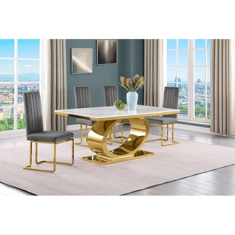 Best Quality Furniture D430/1-SC340-7 Dining Set with 68" White Marble Top - 5-Piece - Dark Grey / Gold