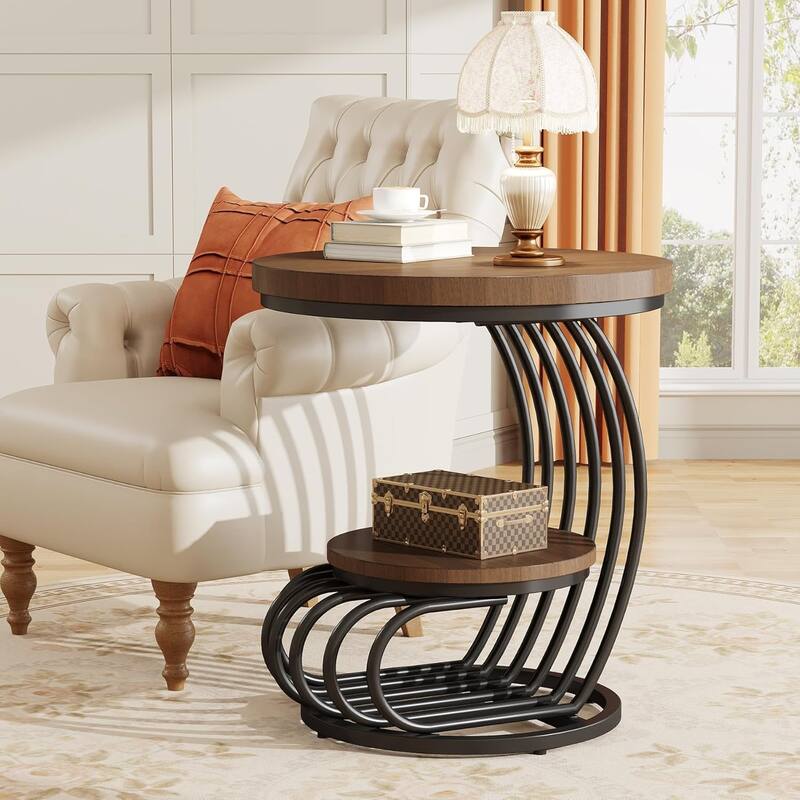 19.68" Round Vintage End Table with 2-Tier Storage - Light Brow