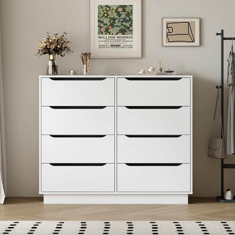 White 8-Drawer Wooden Dresser for Bedroom, 47.2''W Long Chest of Drawers