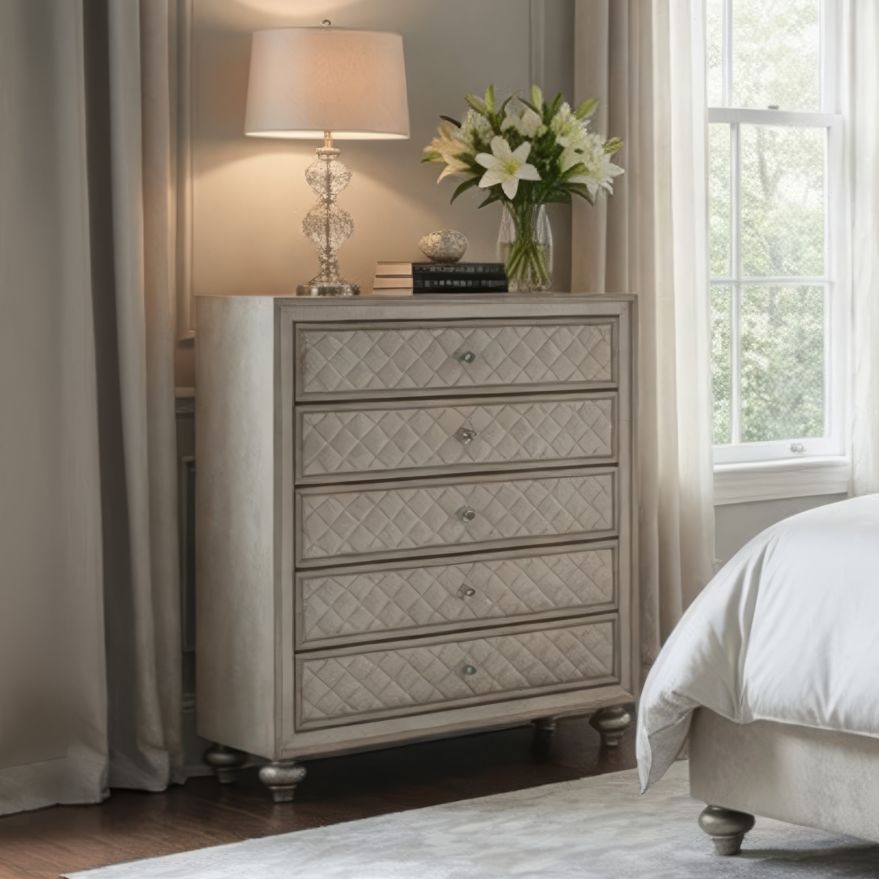 Willa Tall Dresser Chest, 5 Drawers, Faux Crystal, Tufted Beige Velvet