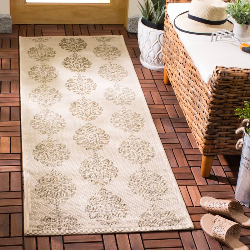 SAFAVIEH Courtyard Pauley Damask Indoor/ Outdoor Waterproof Patio Backyard Rug - 2'3" x 10' Runner - Natural/Brown