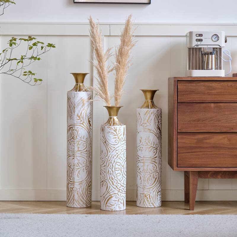 Set of 3 Metal Decorative White Glazed Vase with 3D for Home Office - 32.48in+28.54in+24.61in