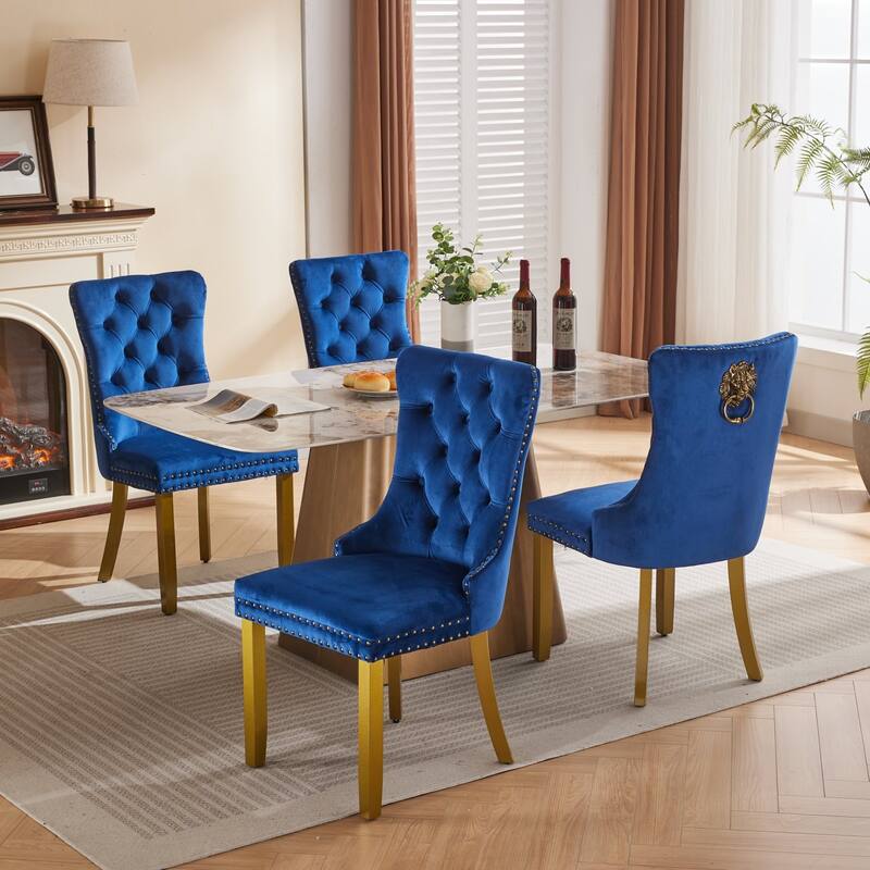 Velvet Dining Chairs Set of 2, Tufted Dining Chairs with Nailhead Trim, Kitchen Chairs with Lion Head Pulls Ring & Wooden Legs