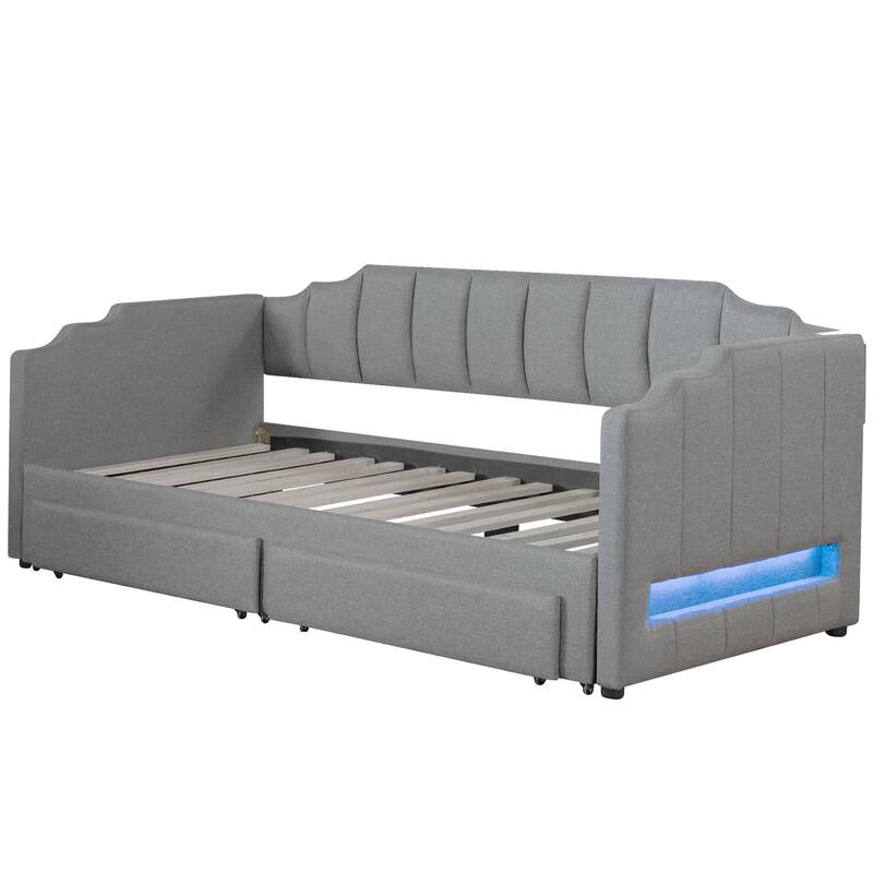 Roomfitters Twin XL Upholstered Daybed with LED Lights and 2 Storage Drawers, Extendable Pull-Out Sofa Bed Frame