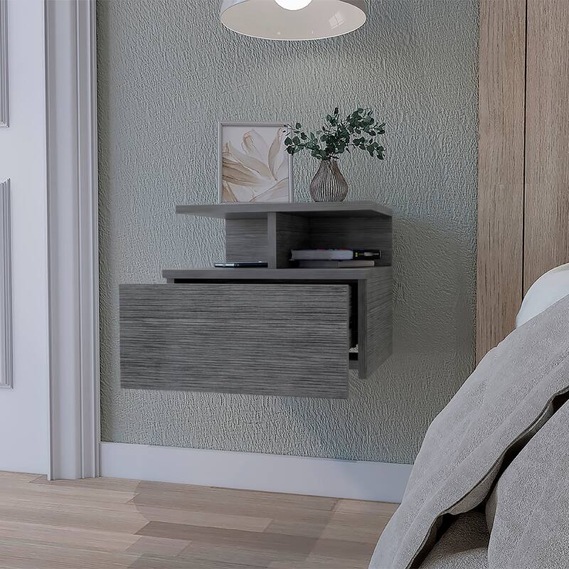 2-Tier Floating Nightstand with Drawer and Shelf