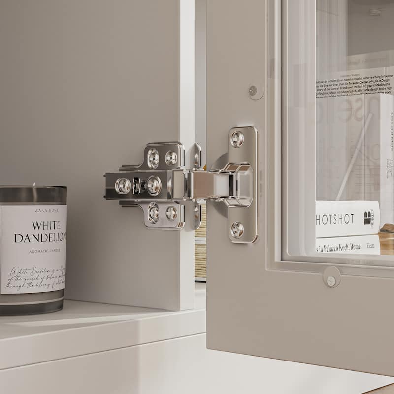 White Wall Cabinet with Glass Panel Doors, 4-Door Hanging Storage Unit for Kitchen, Coffee Bar, Laundry Bookshelves