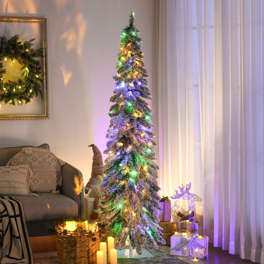6ft Artificial Christmas Tree, Snow Flocked with 250 Warm White or Colorful LED Lights and Flame-Retardant Branches for Decor