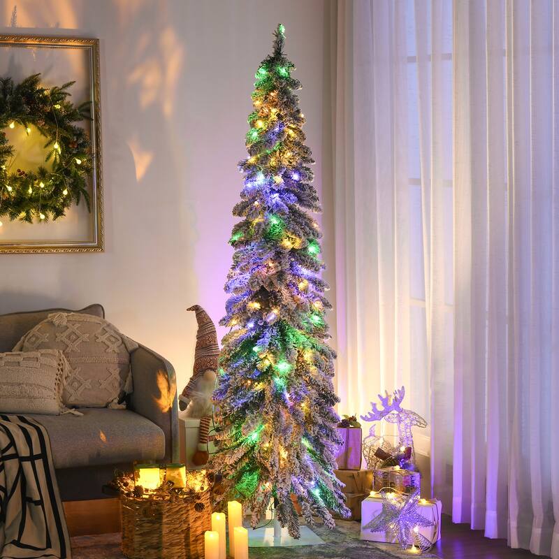 6ft Prelit Pencil Xmas Tree with 407 Snow Flocked Branches and LED Light Options - Green,White