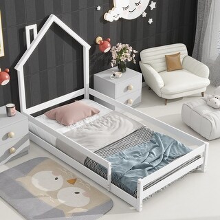 Twin Size Wood Bed Frame with House-shaped Headboard Floor bed with Fences