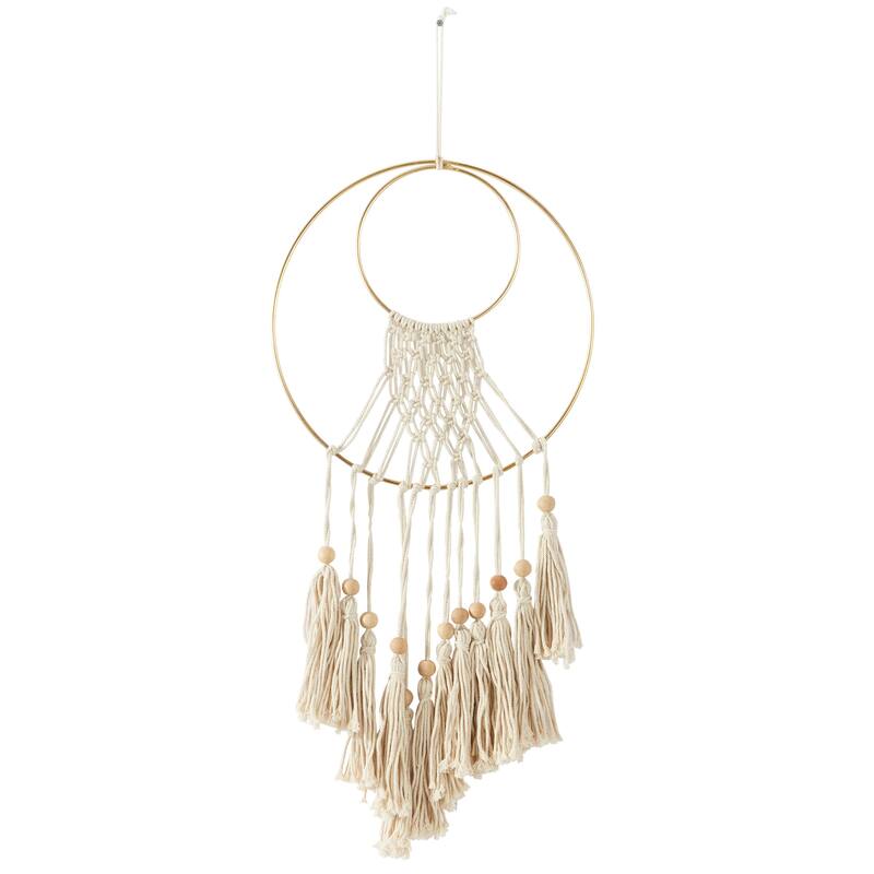 Cotton Fabric Macrame Handmade Home Wall Decor with Wood Beads and Gold Circular Frame - Cream - Roche River Decor - Cream