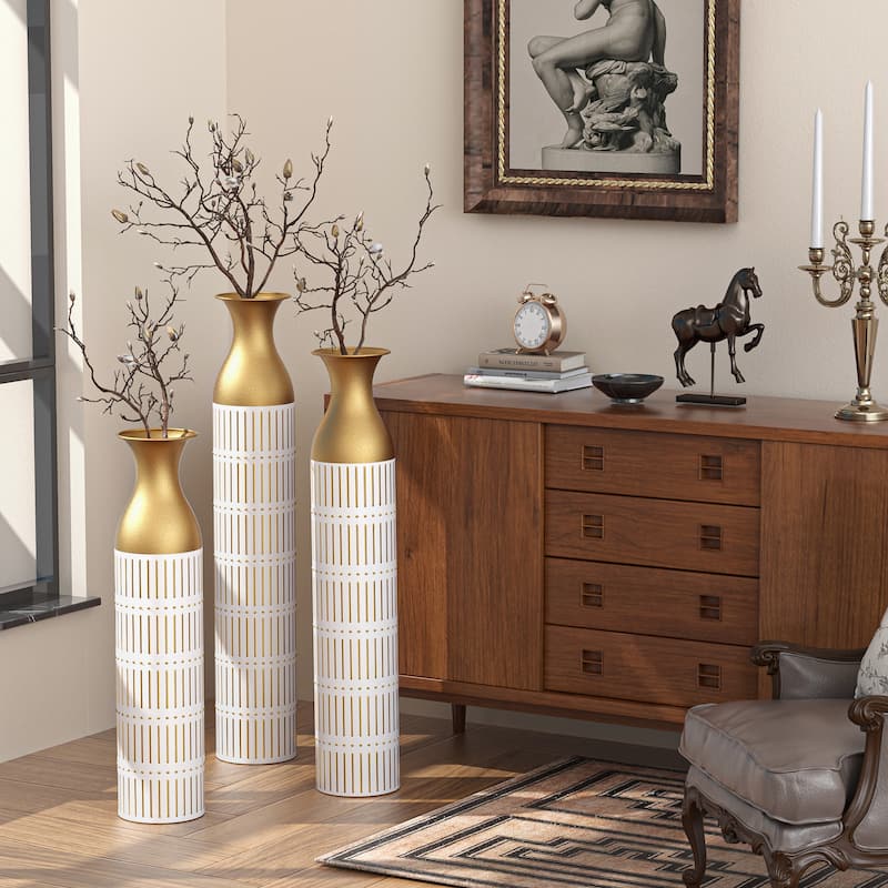 Floor Metal Decorative Vase Tall Distressed Metallic Centerpiece Vases with Pattern, Set of 3 Vases - White PU