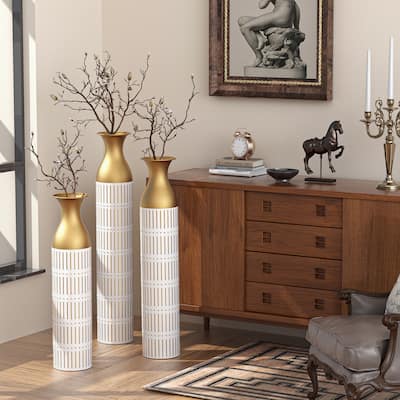 Floor Metal Vases Decorated White Metal Vases Set of 3 Gorgeous Home Decoration Large Glazed Metal Vases 24in/28.7in/33.5 height