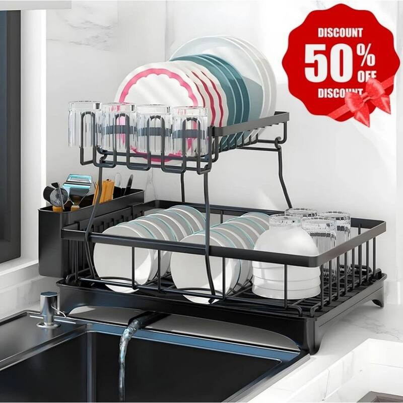 Stainless Steel Dish Rack with Drainboard, Detachable Utensil Holder - Black