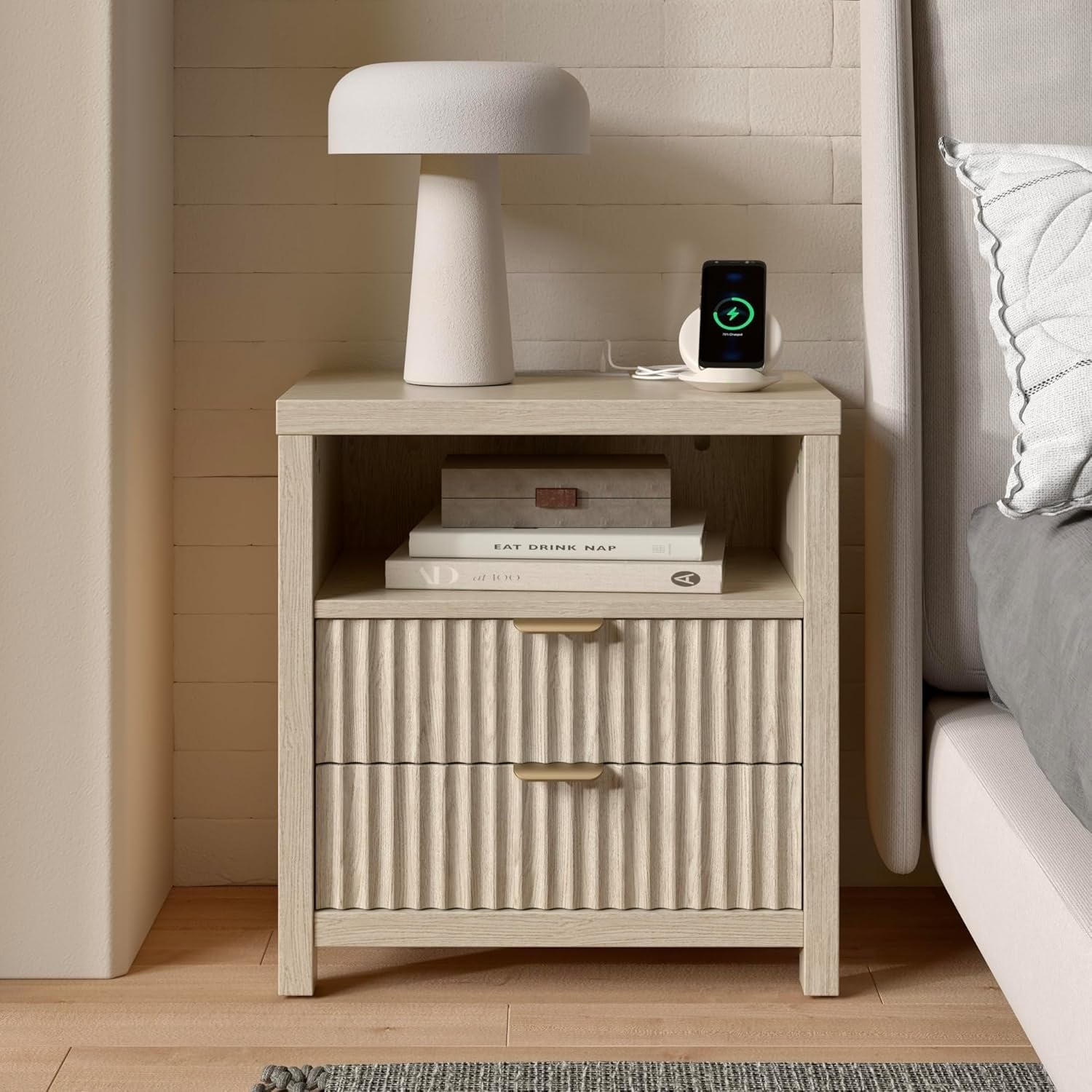 Modern Nightstand with Charging Station, 2 Wood Drawers, Open Shelf, 19.7 Inch Wide