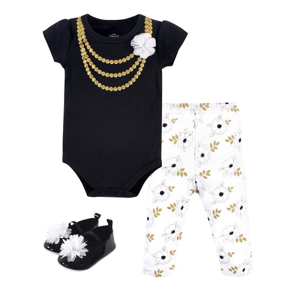 slide 1 of 1, Little Treasure Baby Girl Cotton Bodysuit, Pant and Shoe 3pc Set, White Flower Necklace 0-3 Months - White Flower Necklace