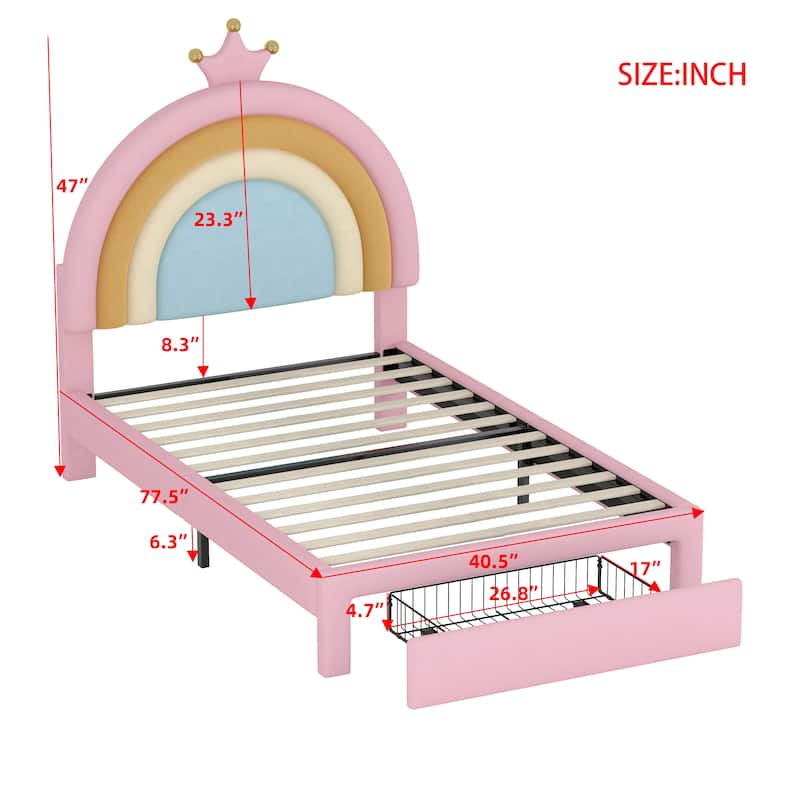 Twin Size Upholstered Rainbow Design Bed, Velvet Princess Platform Bed with Storage Drawer, No Box-spring Needed