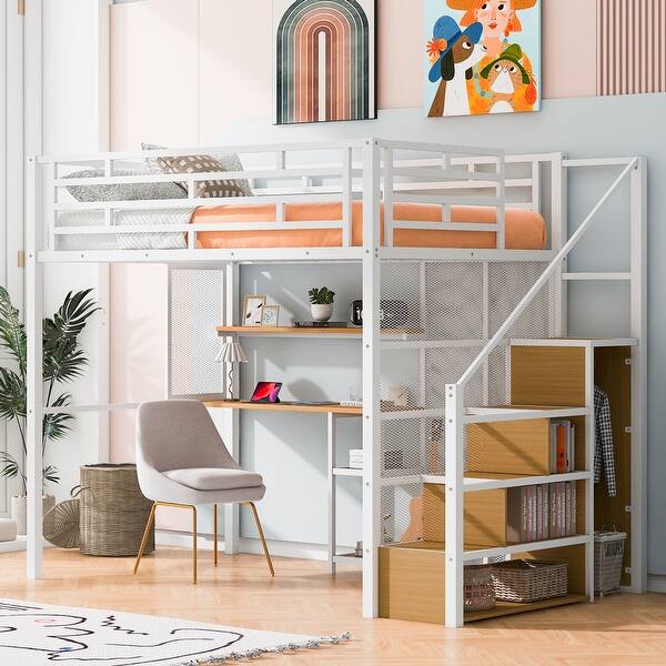 slide 2 of 10, Metal Full Size Loft Bed Frame with Desk, Shelves, Storage Wardrobe and Staircaes, Full-length Guardrails for Kids, Teens White - Full