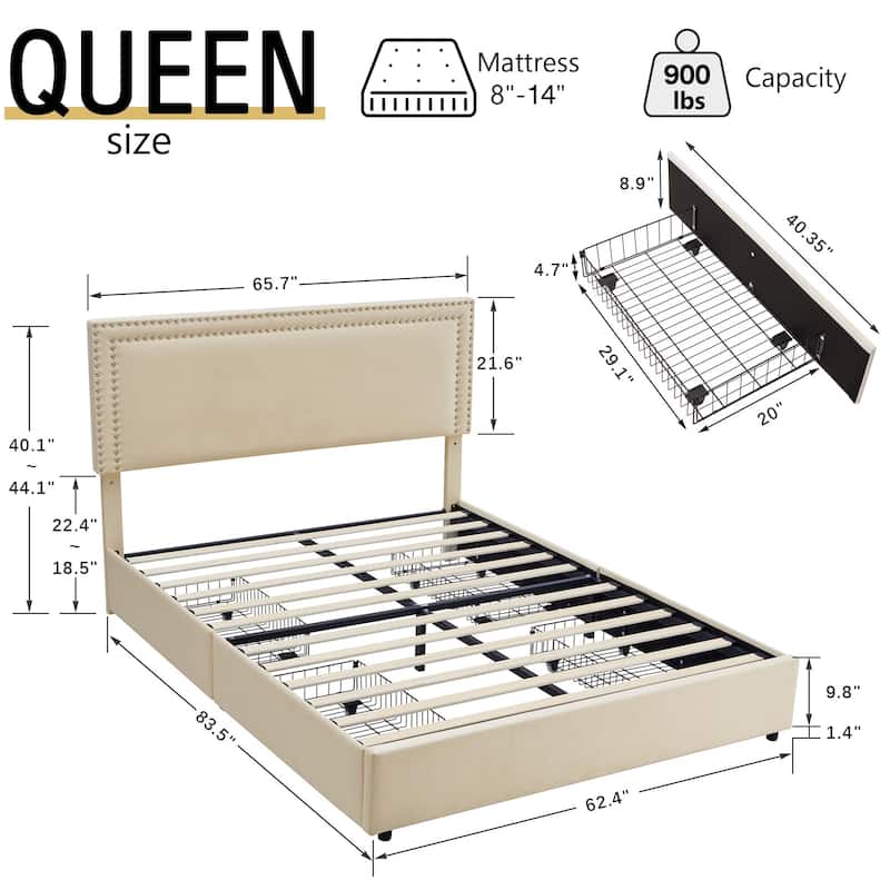 VECELO Upholstered Storage Bed Frames with 4 Storage Drawers Platform Bed Frame with Adjustable Velvet Rivets Headboard