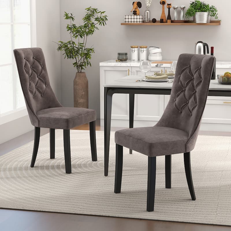 Gymax Tufted Dining Chairs Set of 2 w/ High Backrest Rubber Wood Legs