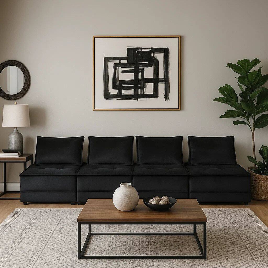 Alaya 160 Inch 4 Piece Modular Sofa, Tufted Soft Black Velvet