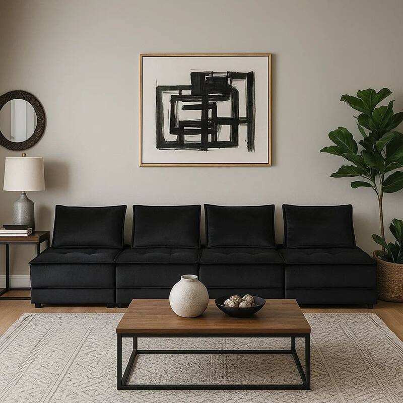 Alaya 160 Inch 4 Piece Modular Sofa, Tufted Soft Black Velvet