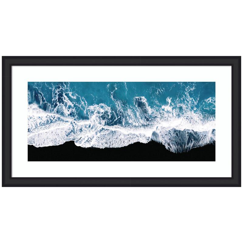 Kate and Laurel Framed Art Minimalist Ocean Waves on the Black Beach in Iceland Panel by Michael Schauer - 43x24 - Black