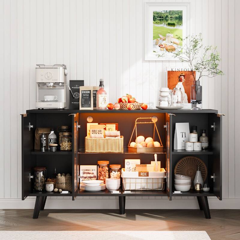 Meyreso Kitchen Sideboard Storage Cabinet with LED Light, 4 Doors