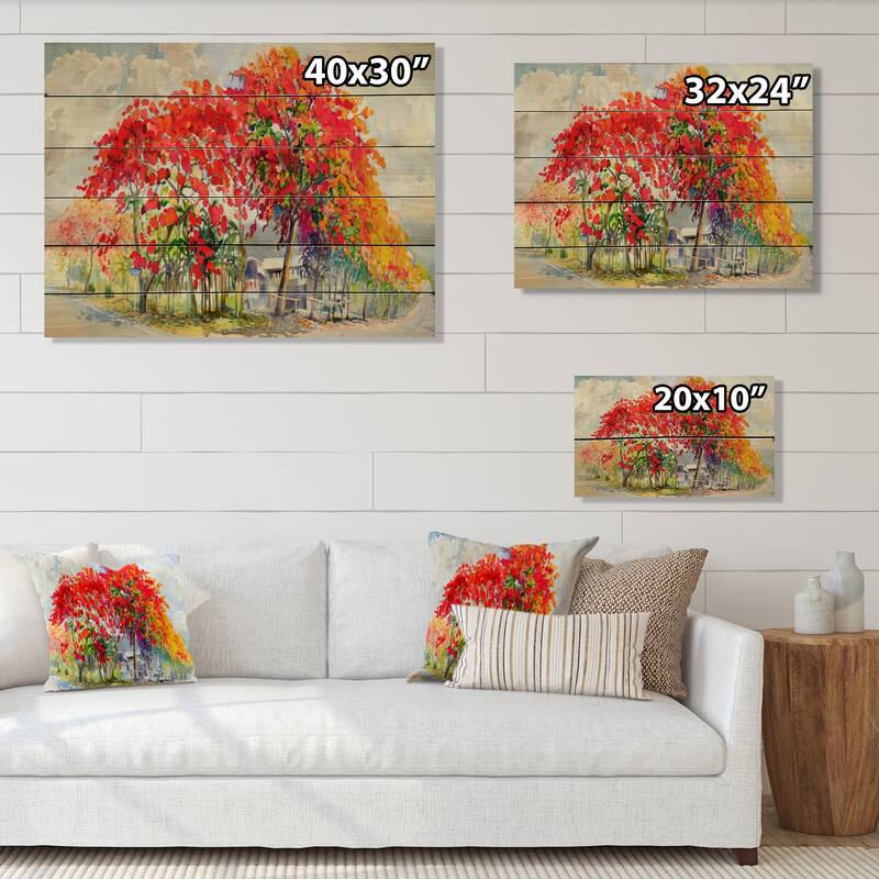 Designart 'Colorfull Blooming Red Autumn Tree VI' Traditional Wood Wall