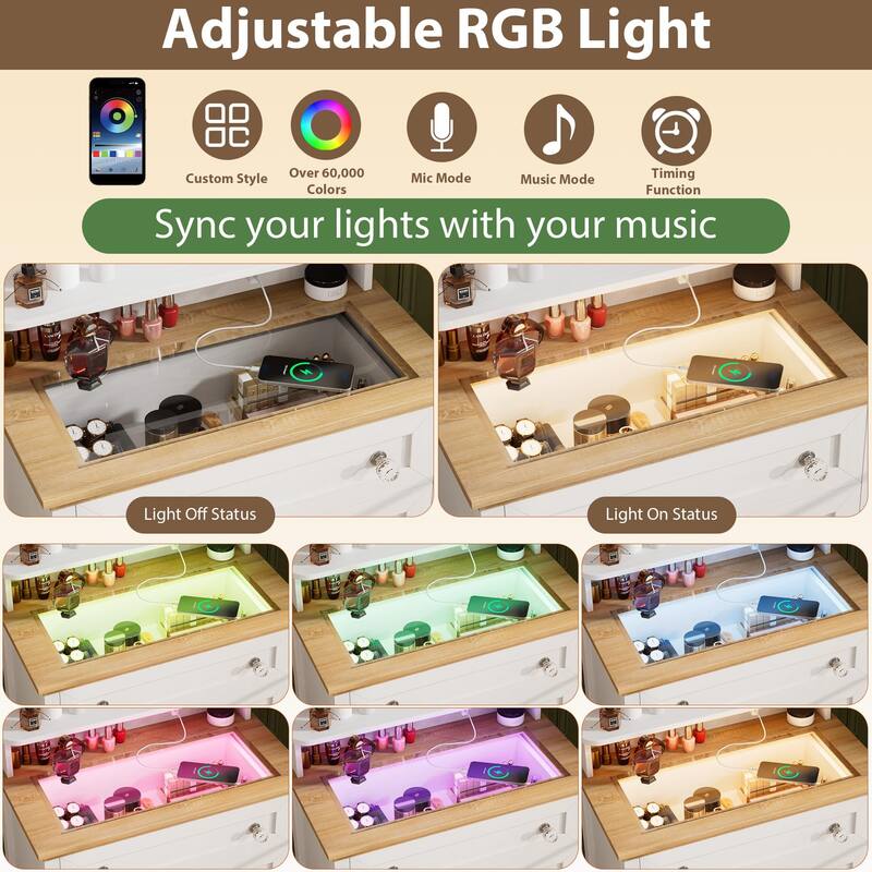 White 4-Drawer Dresser with Mirror, Built-In Charging Station and LED Strip, Modern Vanity Table