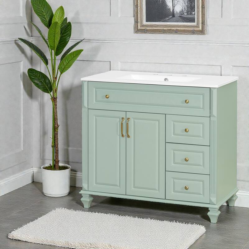 36" Green Bathroom Vanity with Sink, Solid Wood Cabinet, Flip Drawer, 3 Drawers & 2 Doors, Gold Handles, Modern Storage