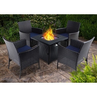 PHI VILLA 28" Gas Fire Pit Table with 4 Rattan Chairs, 5 Piece Propane Fire Pit Setwith 5Kg Fire Glass