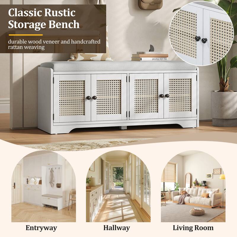 Roomfitters Large Entryway Storage Bench, Boho Rattan Cabinet, Shoe Organizer Seat, Adjustable Shelves