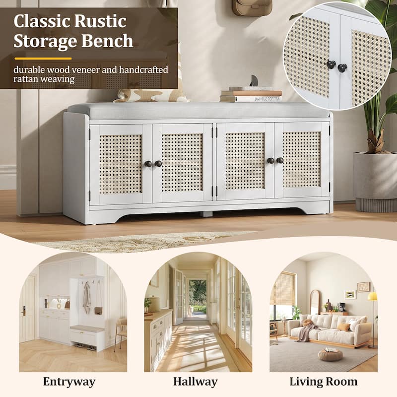 Rustic Storage Bench Multifunctional Wood Entryway Shoe Bench with Removable Cushion, Woven Rattan Doors & Adjustable Shelves