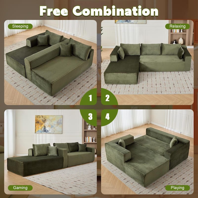 Boneless L-shaped Sectional Sofa with Chaise, Modular Sleeper Sofa Bed Corduroy Compression Deep Seat Sectional Couch