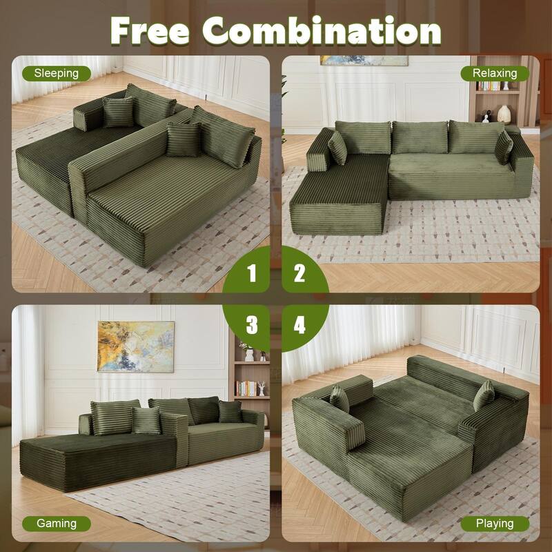 Modular L-Shaped Sectional Sofa Corduroy Upholstery Reversible 2-Piece Living Room Bedroom Sofa 400 lb per Seat Load Capacity