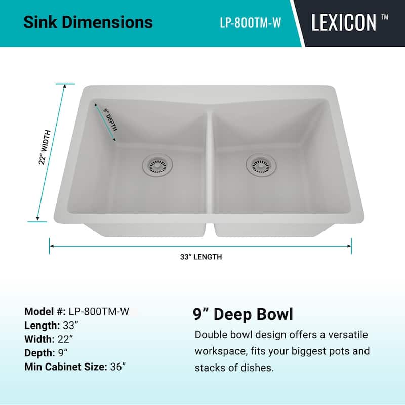 Lexicon Platinum Quartz 33 Inch Double Equal Bowl Undermount Kitchen Sink with Bottom Grids and Strainers , Disposal Flange