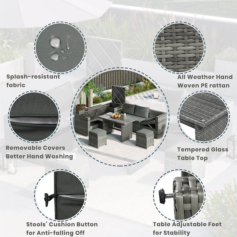 6-Piece PE Rattan Patio Sofa Set with Storage & Adjustable Seats