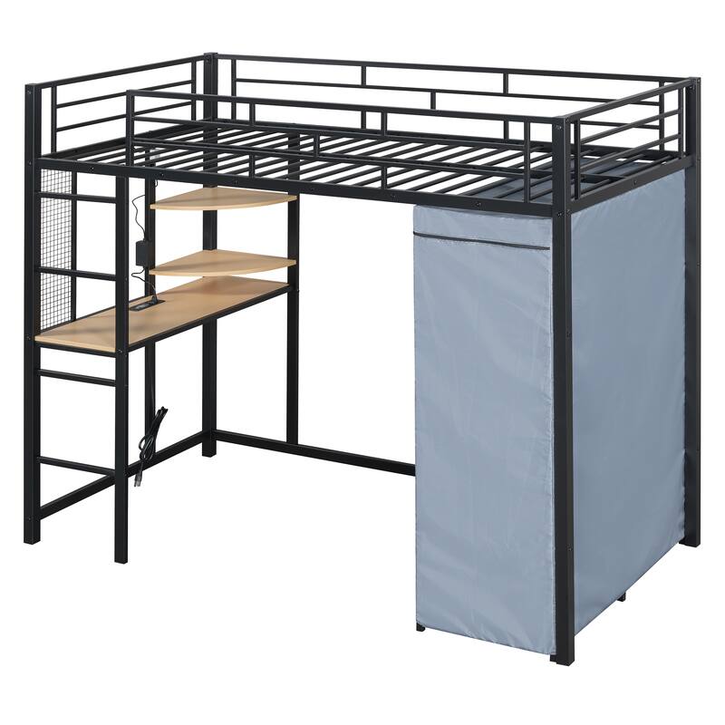 Space-Saving Loft Bed with Desk, Wardrobe, Power Outlet, and LED Light, Black