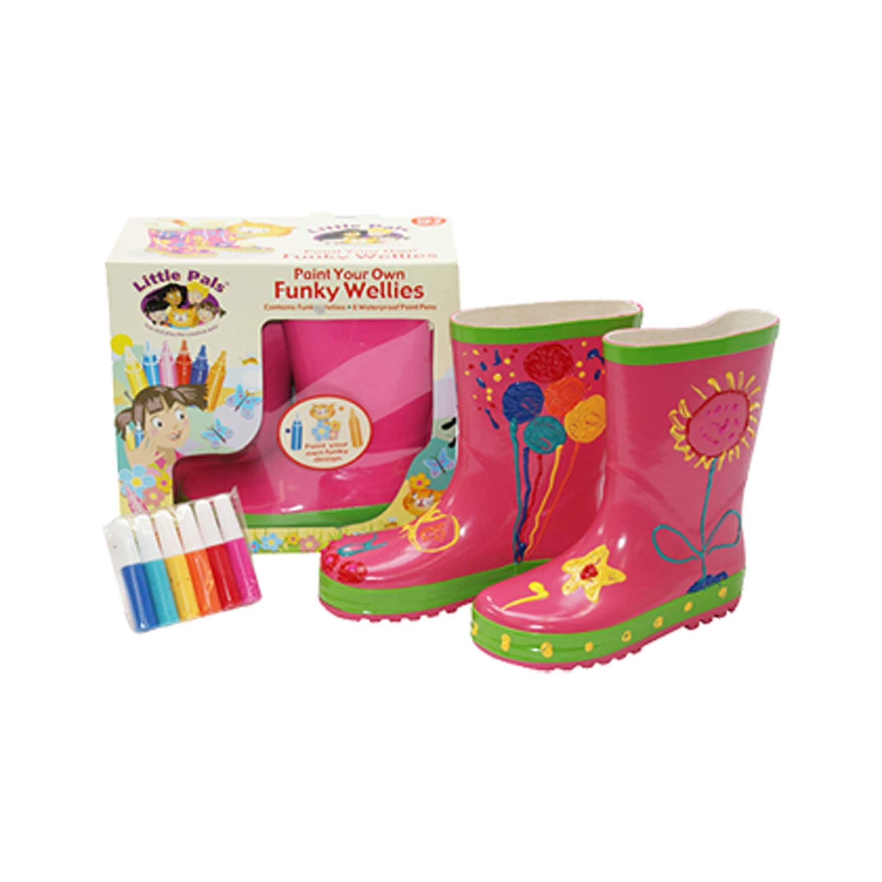 Little Pals Paint Your Own Wellies Kids Rain Boots Pink with Green Trim or Green with Blue Trim US Kids size 9.5