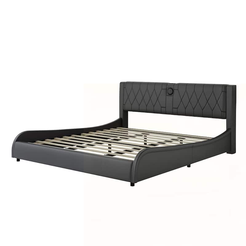 Faux Leather Upholstered Platform Bed with Thickened Headboard
